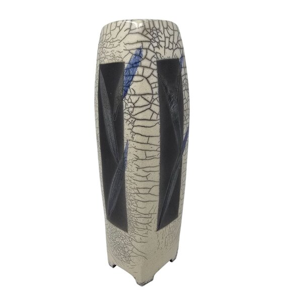 Susan Wertheimer David Raku Ceramic Vase 11" Crackle Glaze Abstract Art Deco